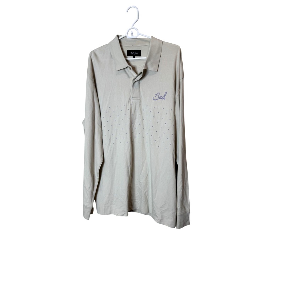 Bad Birdie Polo Shirt Mens XL Beige Long Sleeve Geometric Golf Knit Stretch